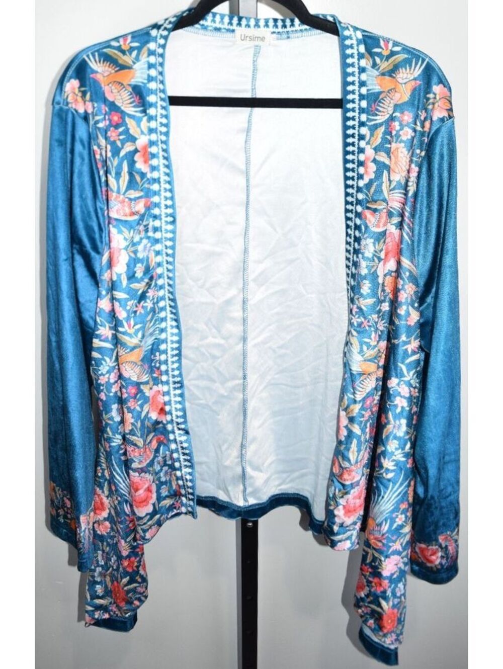 Ursime Velveteen Bird Floral Print Open Front Kimono Cardigan, Teal Blue, 3XL